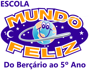 Logotipo da Escola Mundo Feliz: escola com Berçário, Educação Infantil e Ensino Fundamental 1.