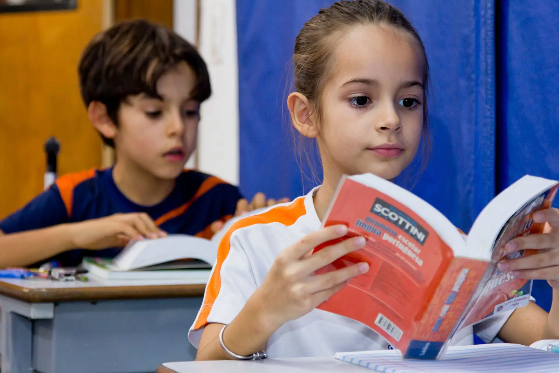 Dois colegas do 3º Ano do Ensino Fundamental, com idade entre 8 e 9 anos, leem atentamente seus dicionários da língua portuguesa em sala de aula da Escola Mundo Feliz.