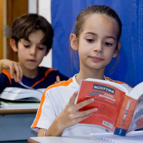 3º Ano do Ensino Fundamental Dois alunos do 3º Ano do Ensino Fundamental, com idade entre 8 e 9 anos, leem atentamente seus dicionários da língua portuguesa em sala de aula.